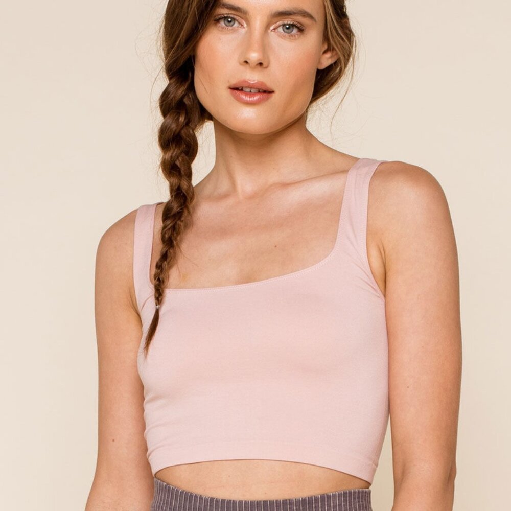 FREE PEOPLE Top M/L SCOOP NECK CROP Brami Bra Fitted Seamless Stretch Pink NWT